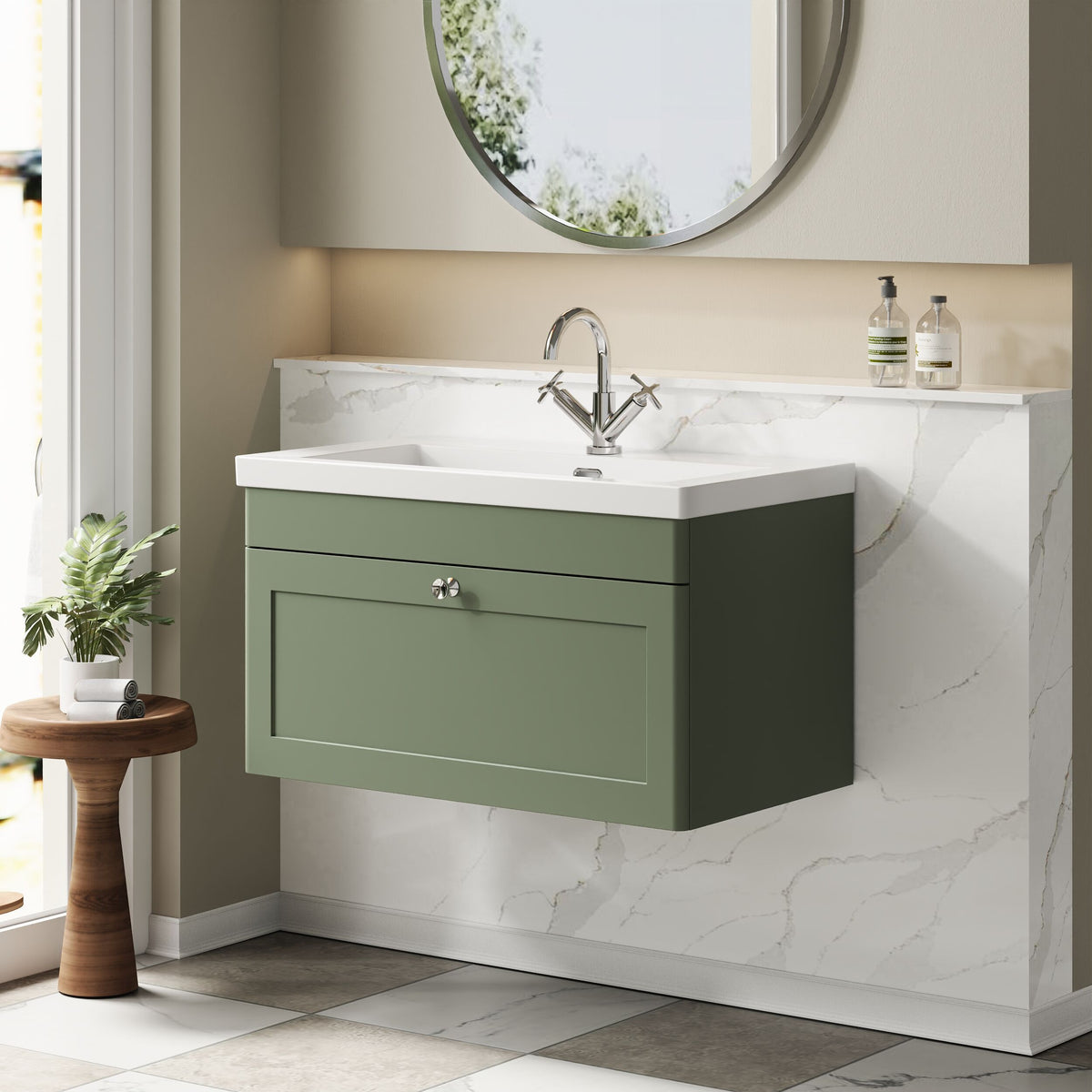 Modern Splash 800mm Satin Green 1 Drawer Wall Hung Vanity Unit With 1 Tap Hole Fireclay Basin