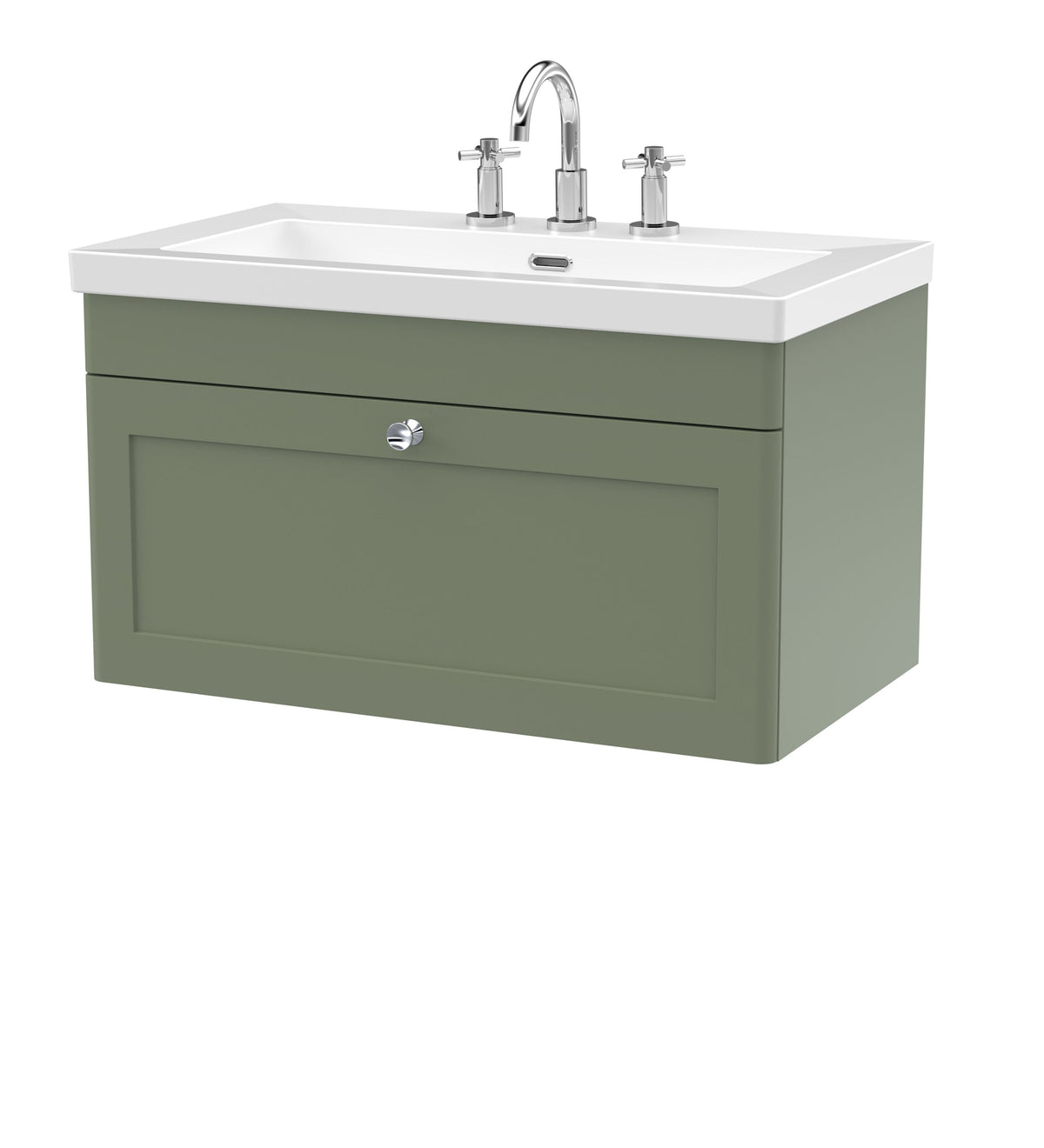 Modern Splash 800mm Satin Green 1 Drawer Wall Hung Vanity Unit With 3 Tap Hole Fireclay Basin