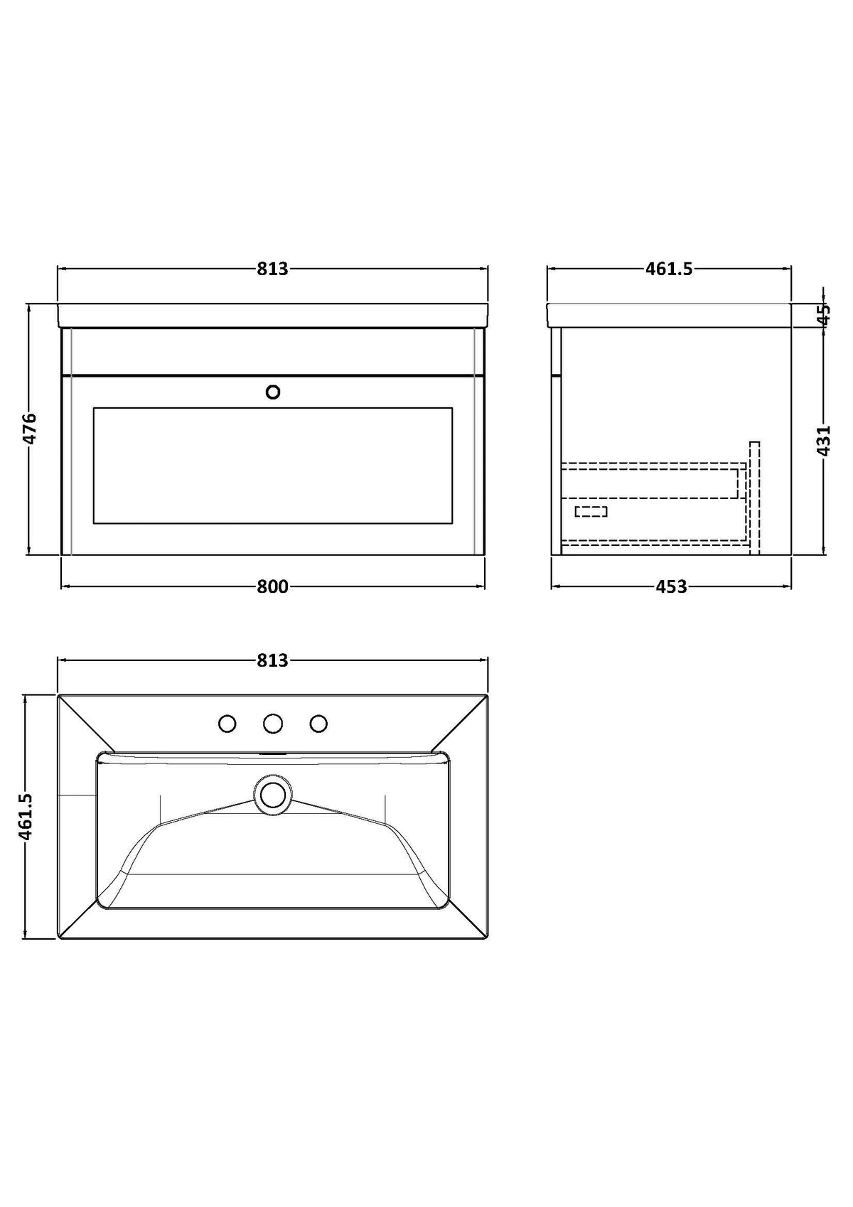 Modern Splash 800mm Satin Green 1 Drawer Wall Hung Vanity Unit With 3 Tap Hole Fireclay Basin