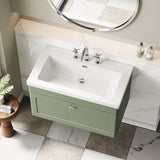 Modern Splash 800mm Satin Green 1 Drawer Wall Hung Vanity Unit With 3 Tap Hole Fireclay Basin