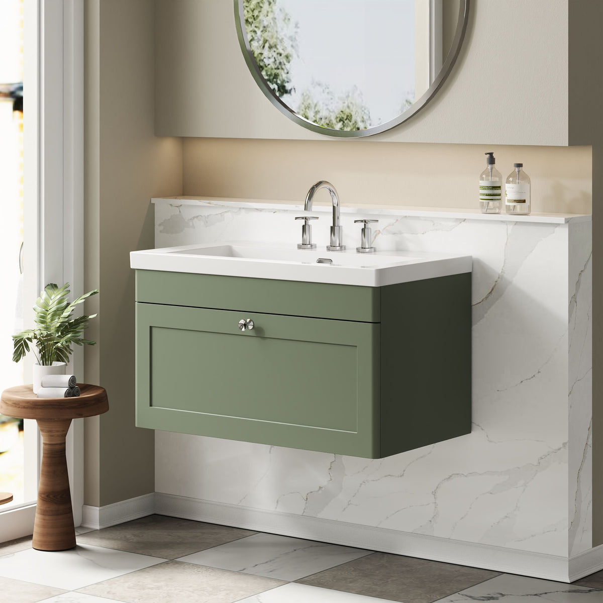 Modern Splash 800mm Satin Green 1 Drawer Wall Hung Vanity Unit With 3 Tap Hole Fireclay Basin