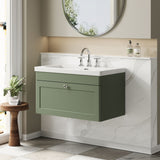 Modern Splash 800mm Satin Green 1 Drawer Wall Hung Vanity Unit With 3 Tap Hole Fireclay Basin