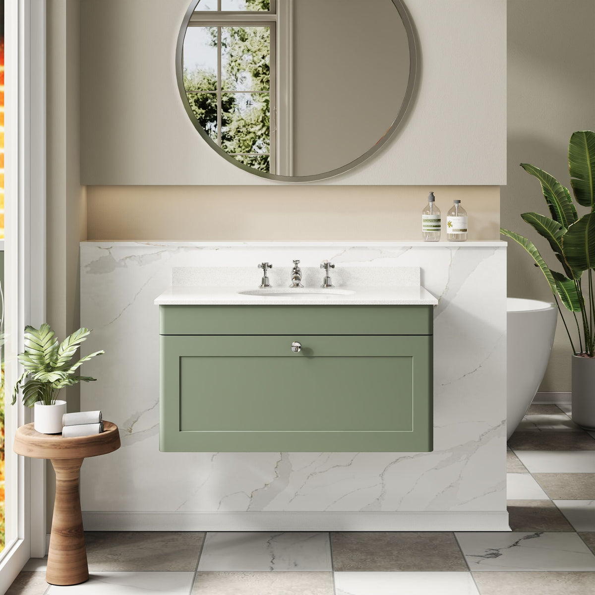 Modern Splash 800mm Satin Green 1 Drawer Wall Hung Vanity Unit With 3 Tap Hole Marble Basin