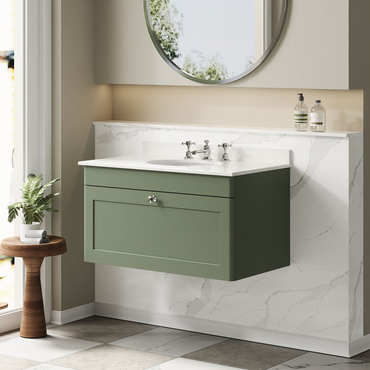 Modern Splash 800mm Satin Green 1 Drawer Wall Hung Vanity Unit With 3 Tap Hole Marble Basin