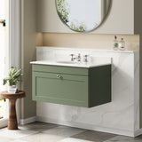 Modern Splash 800mm Satin Green 1 Drawer Wall Hung Vanity Unit With 3 Tap Hole Marble Basin