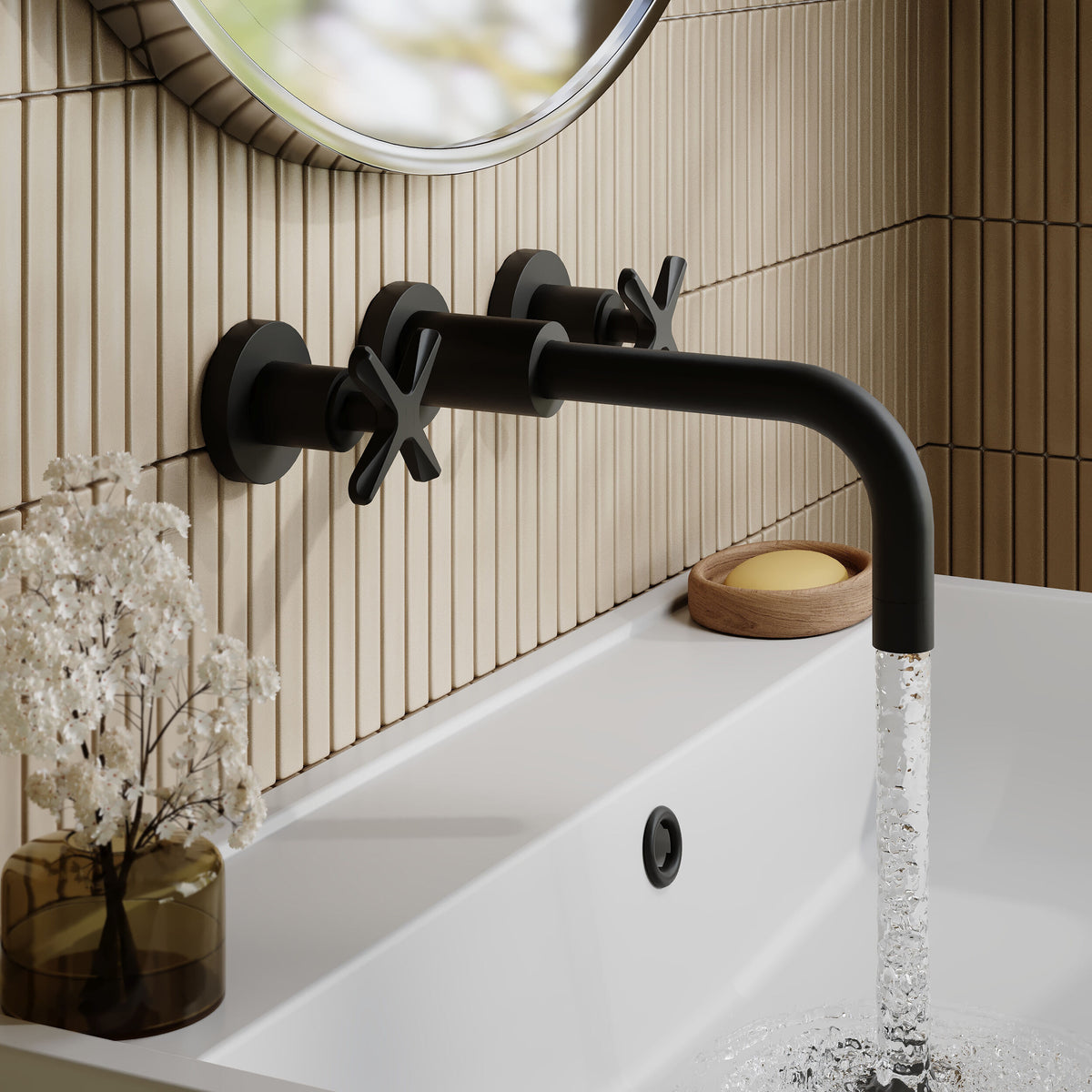 Modern Splash Matt Black 3 Tap Hole Deck Mounted Basin Mixer