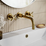 Modern Splash Brushed Brass 3 Tap Hole Wall Mounted Basin Mixer