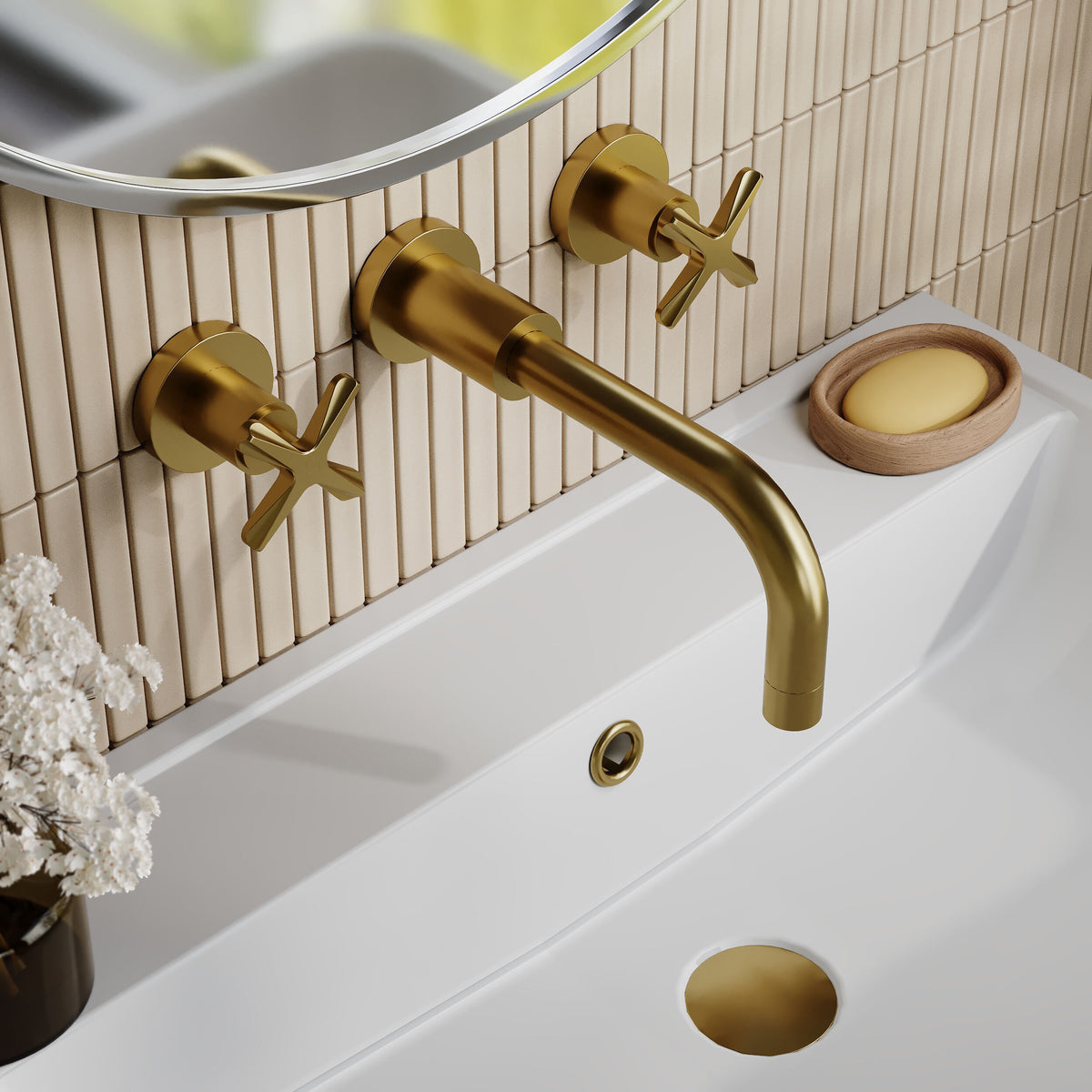 Modern Splash Brushed Brass 3 Tap Hole Wall Mounted Basin Mixer
