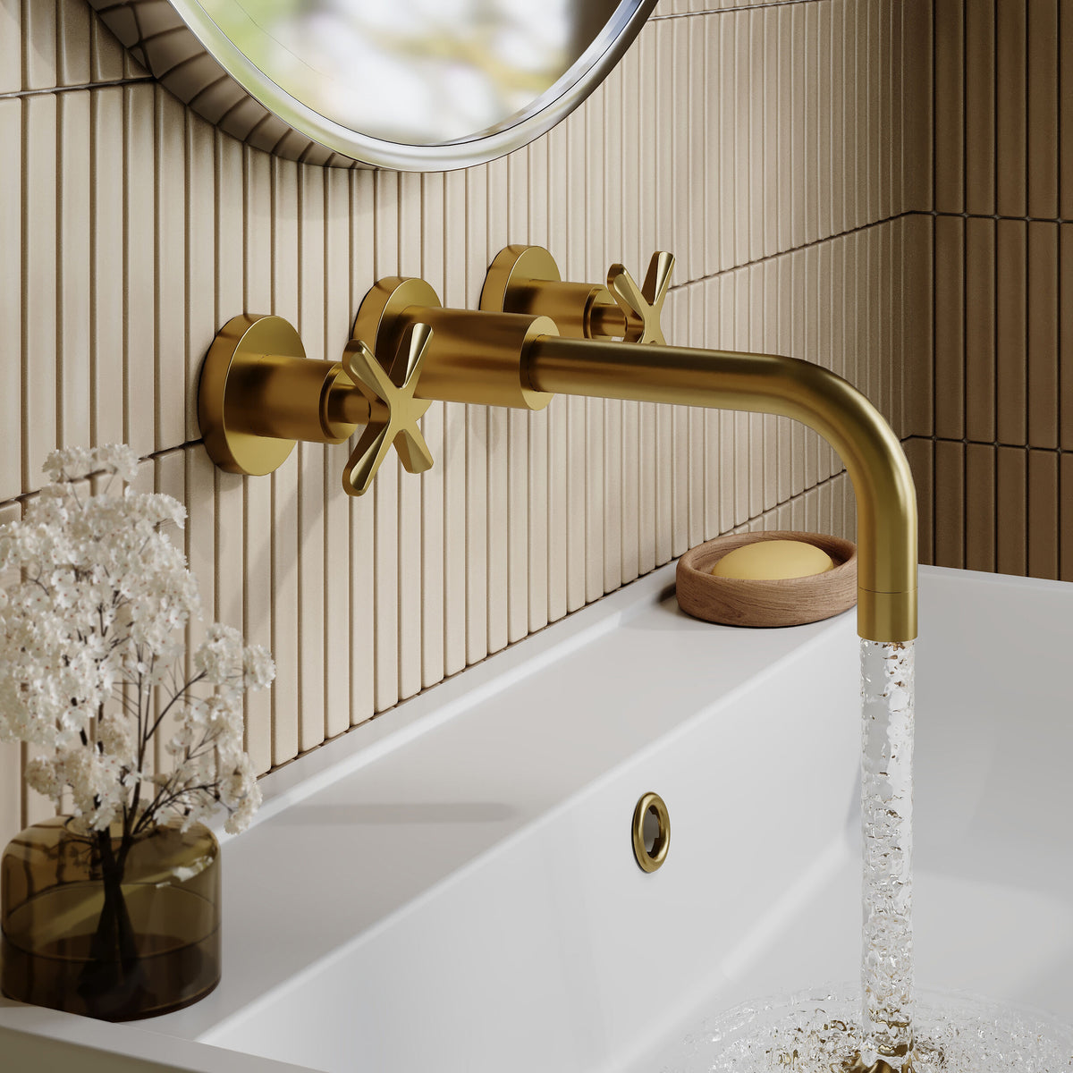 Modern Splash Brushed Brass 3 Tap Hole Wall Mounted Basin Mixer