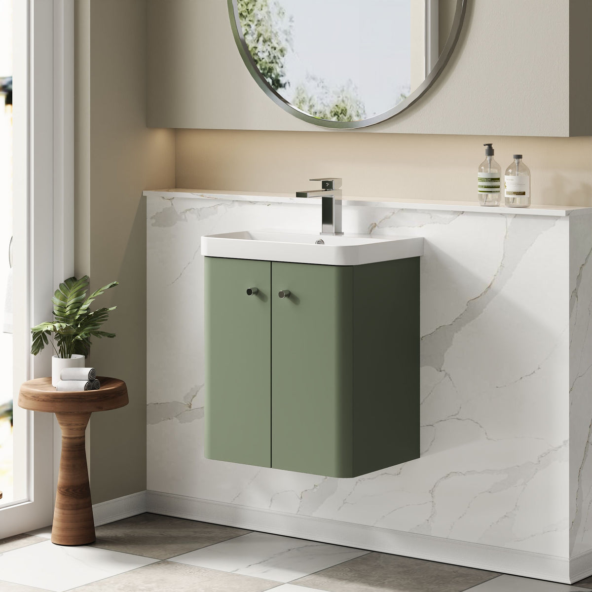 Modern Splash 500mm Satin Green 2 Door Wall Hung Vanity Unit With Basin