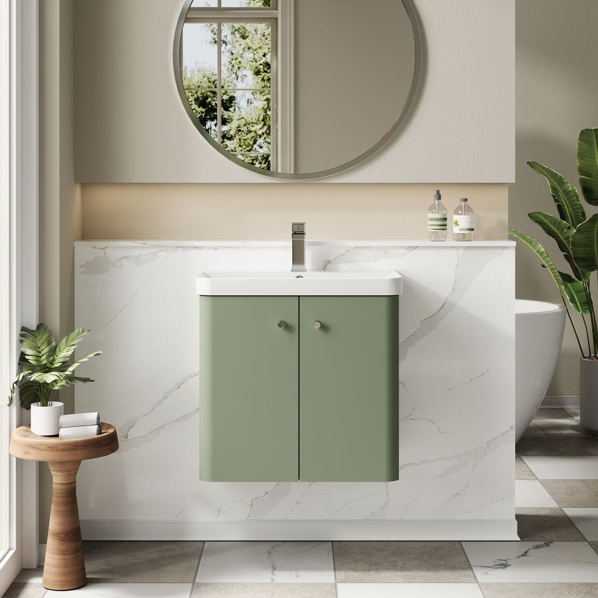 Modern Splash 600mm Satin Green 2 Door Wall Hung Vanity Unit With Basin
