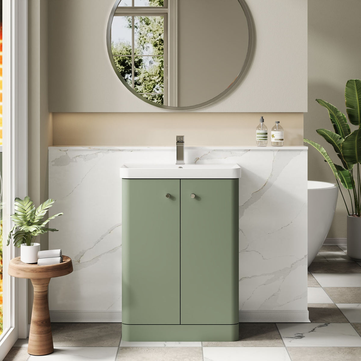 Modern Splash 600mm Satin Green 2 Door Floor Standing Vanity Unit With Basin