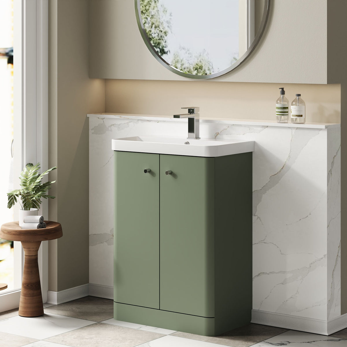 Modern Splash 600mm Satin Green 2 Door Floor Standing Vanity Unit With Basin