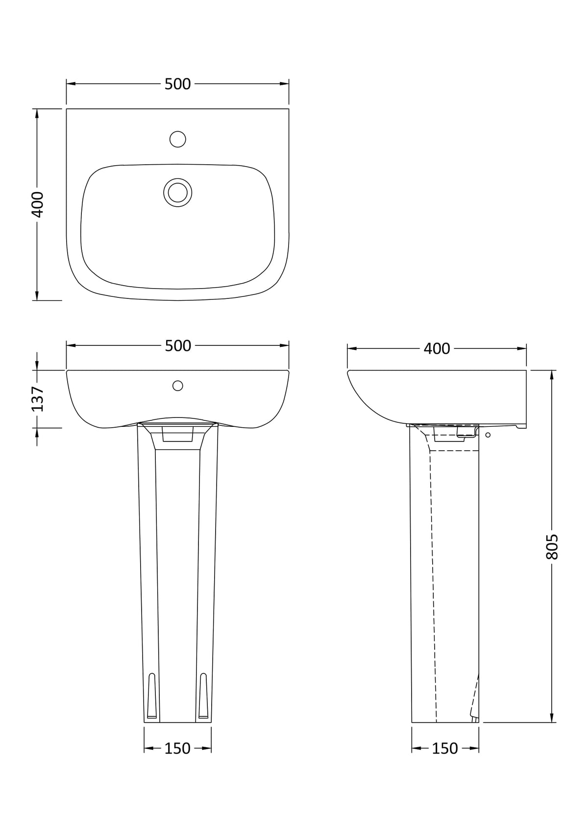 Modern Splash 1 Tap Hole 500mm Ceramic Basin & Pedestal