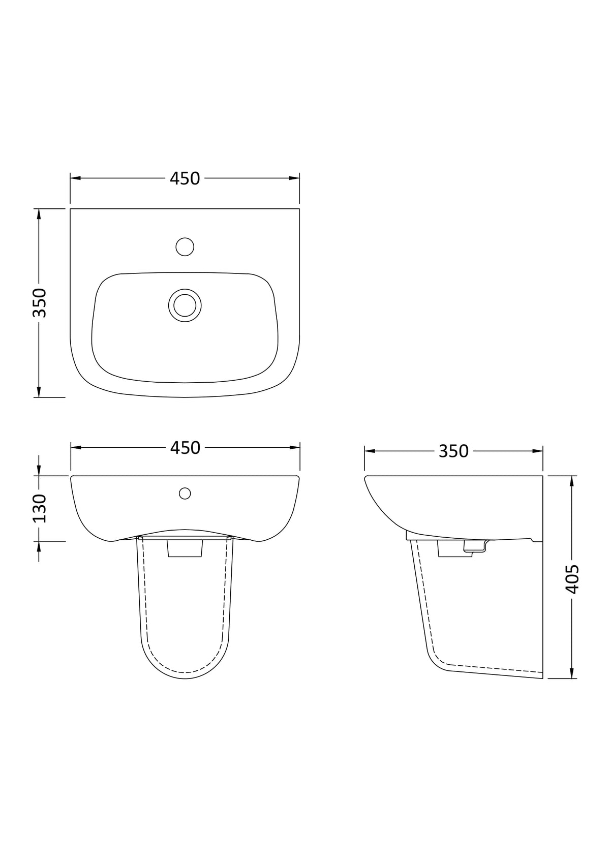 Modern Splash 1 Tap Hole 450mm Ceramic Basin & Semi Pedestal