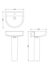 Modern Splash 1 Tap Hole 520mm Ceramic Basin & Pedestal