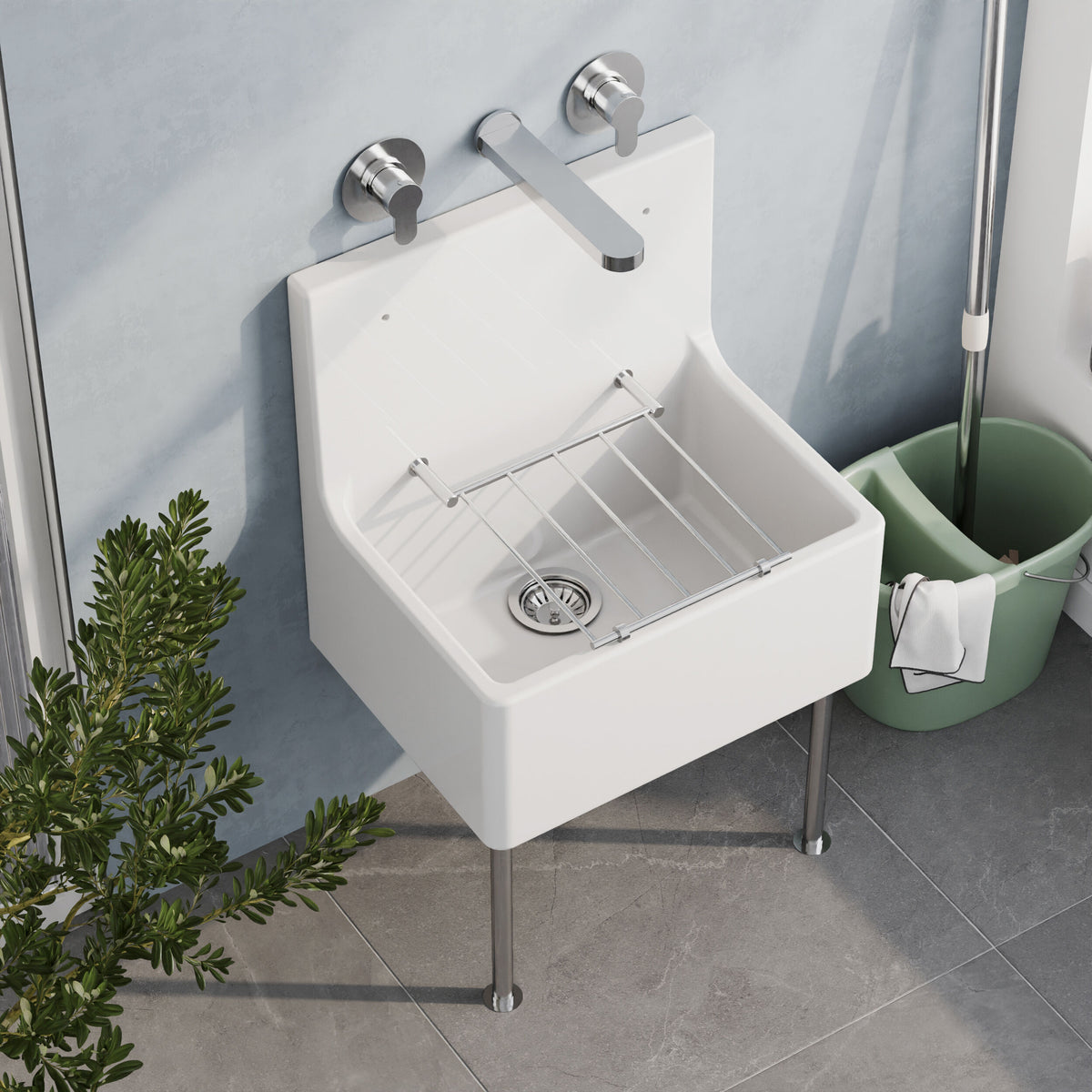 Modern Splash 595mm x 450mm x 220mm Fireclay White Single Bowl Traditional Cleaner Sink With Grid, Legs, Wall Bracket And Backsplash