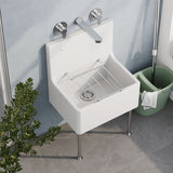 Modern Splash 595mm x 450mm x 220mm Fireclay White Single Bowl Traditional Cleaner Sink With Grid, Legs, Wall Bracket And Backsplash