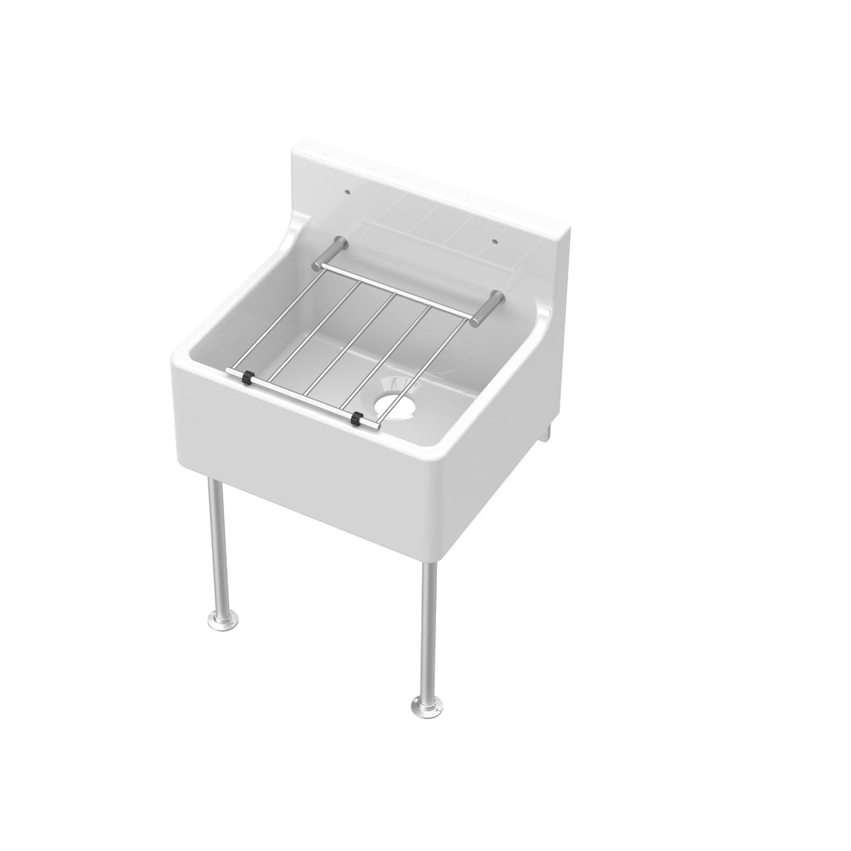 Modern Splash 455mm x 362mm x 396mm Fireclay White Single Bowl Traditional Cleaner Sink With Grid, Legs, Wall Bracket And Backsplash