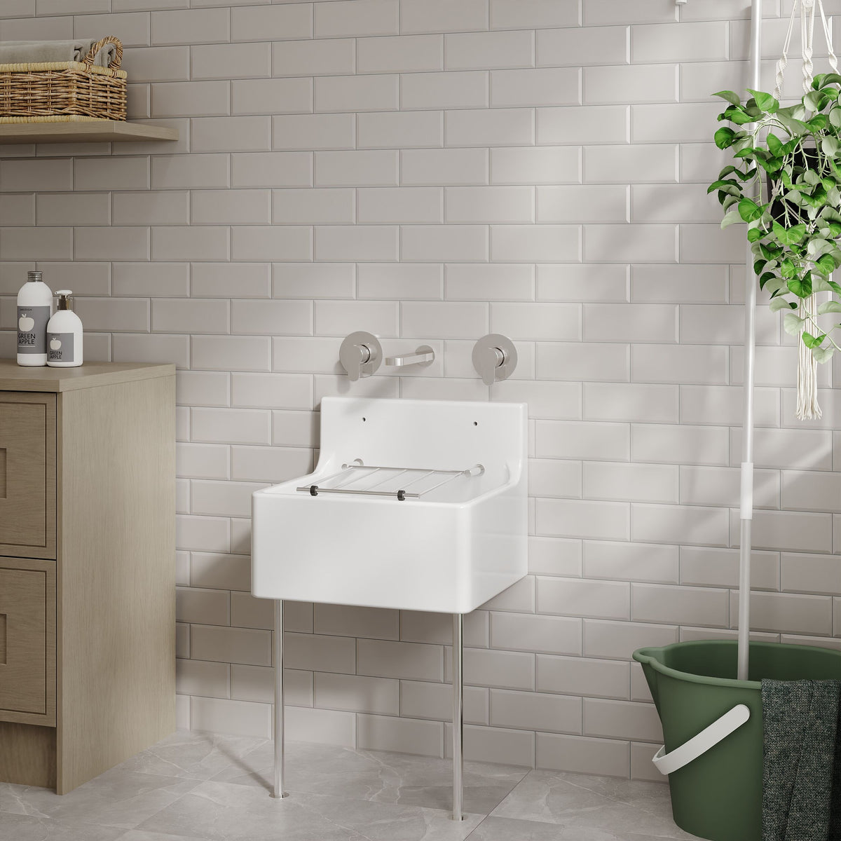 Modern Splash 455mm x 362mm x 396mm Fireclay White Single Bowl Traditional Cleaner Sink With Grid, Legs, Wall Bracket And Backsplash