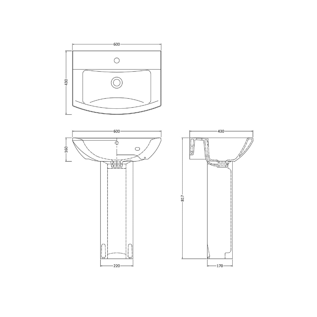 Modern Splash Asselby 1 Tap Hole 600mm Ceramic Basin & Pedestal