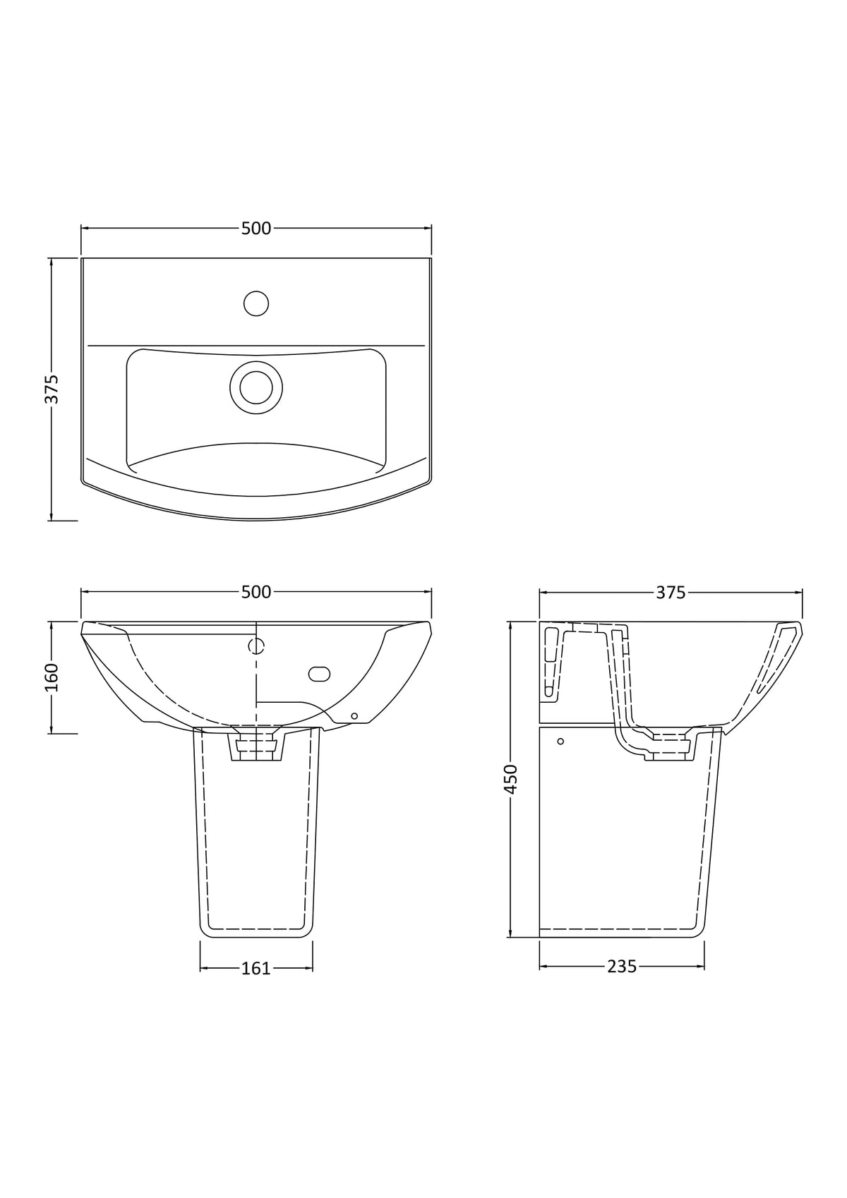 Modern Splash 1 Tap Hole 500mm Ceramic Basin & Semi Pedestal
