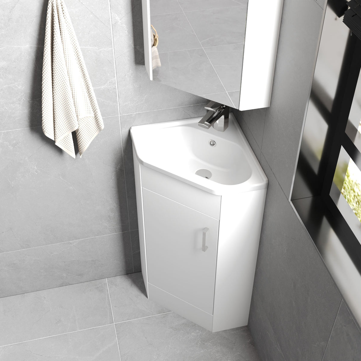 Modern Splash Gloss White  Single Door Floor Standing Corner Vanity Unit With Ceramic Basin