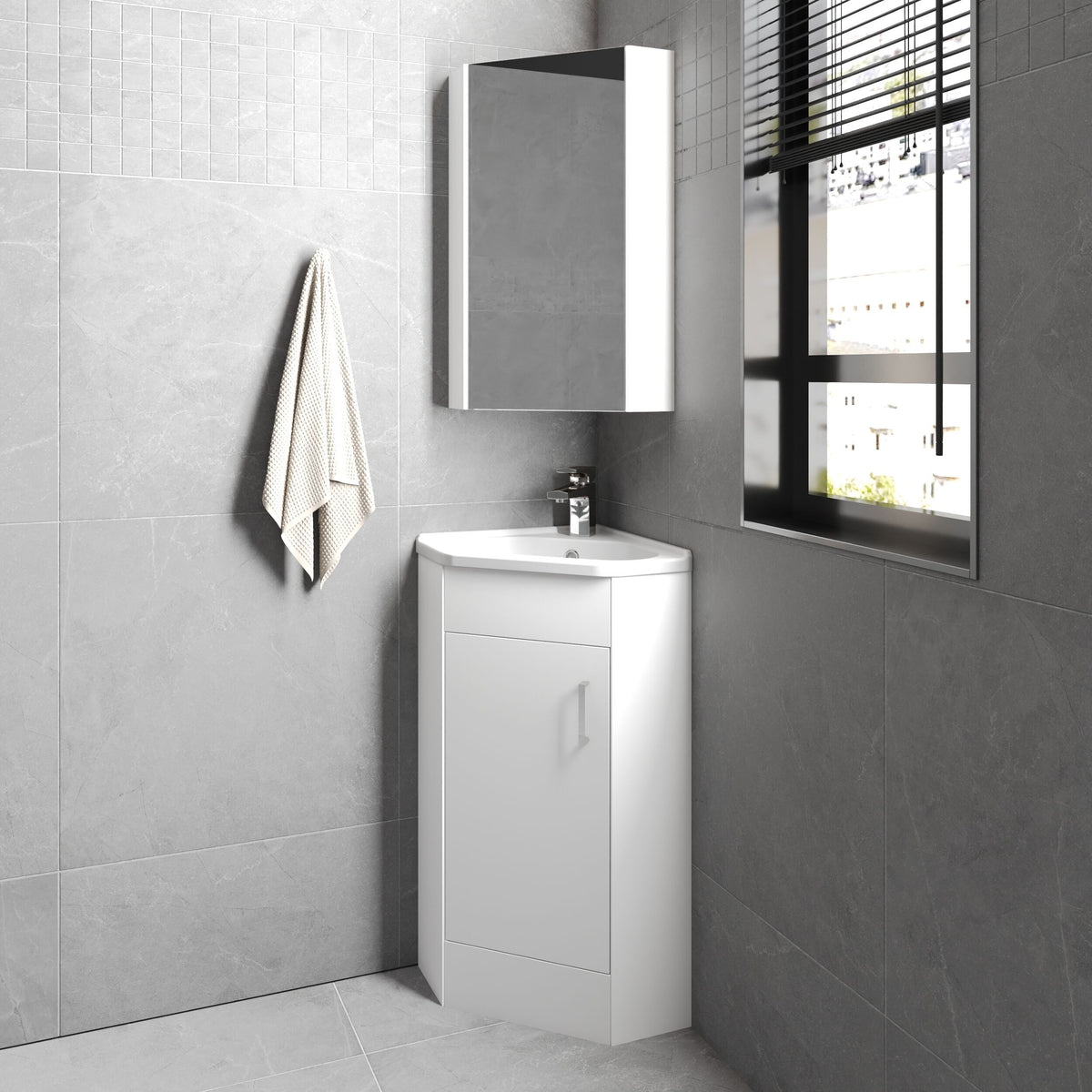Modern Splash Gloss White  Single Door Floor Standing Corner Vanity Unit With Ceramic Basin