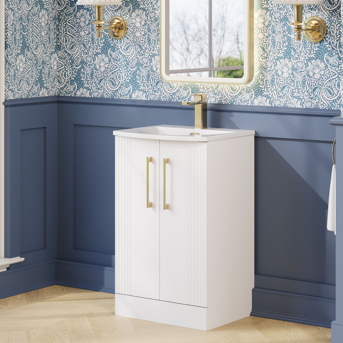 Modern Splash 500mm Satin White 2 Door Floor Standing Vanity Unit With Curved Basin
