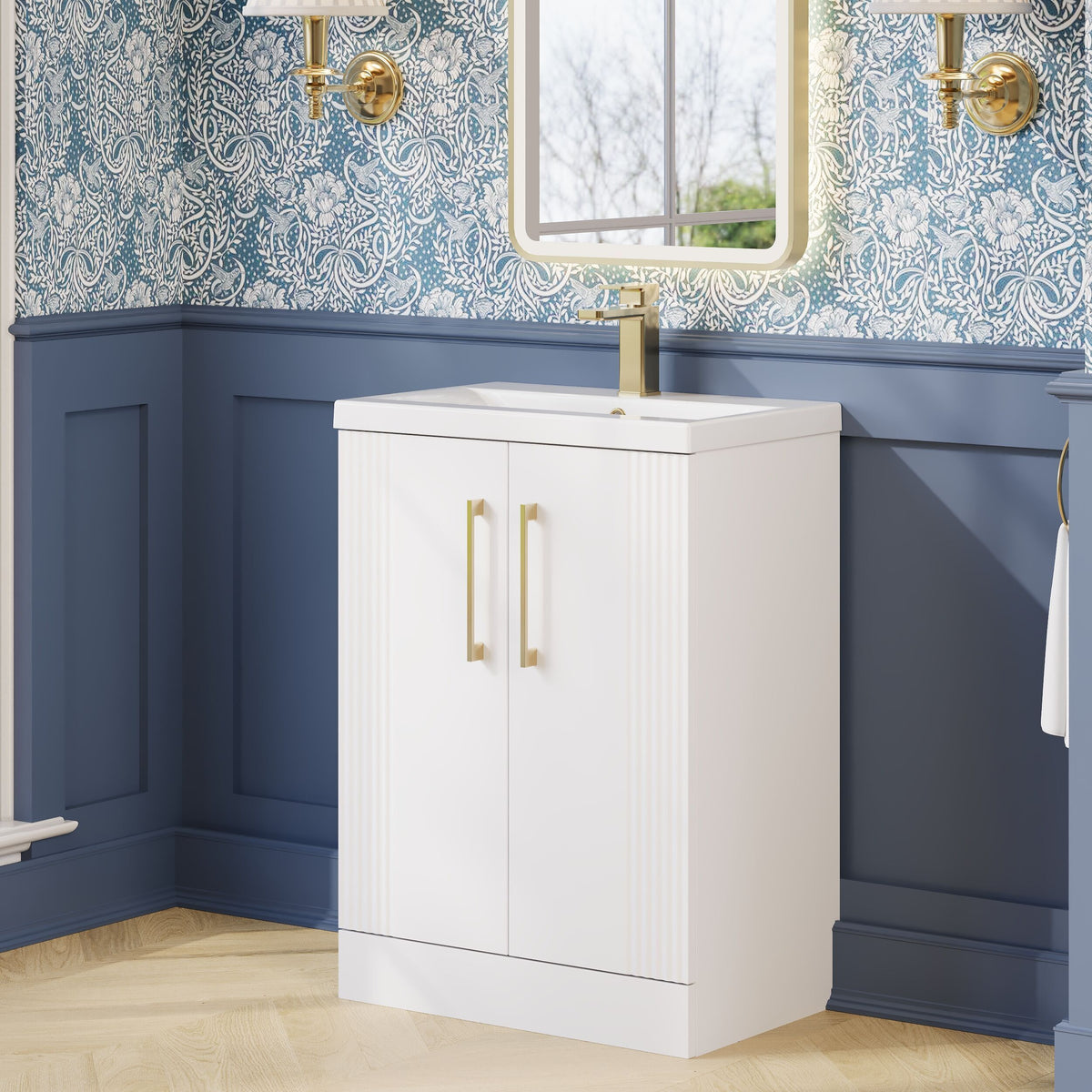Modern Splash 600mm Satin White 2 Door Floor Standing Vanity Unit With Mid-Edge Basin