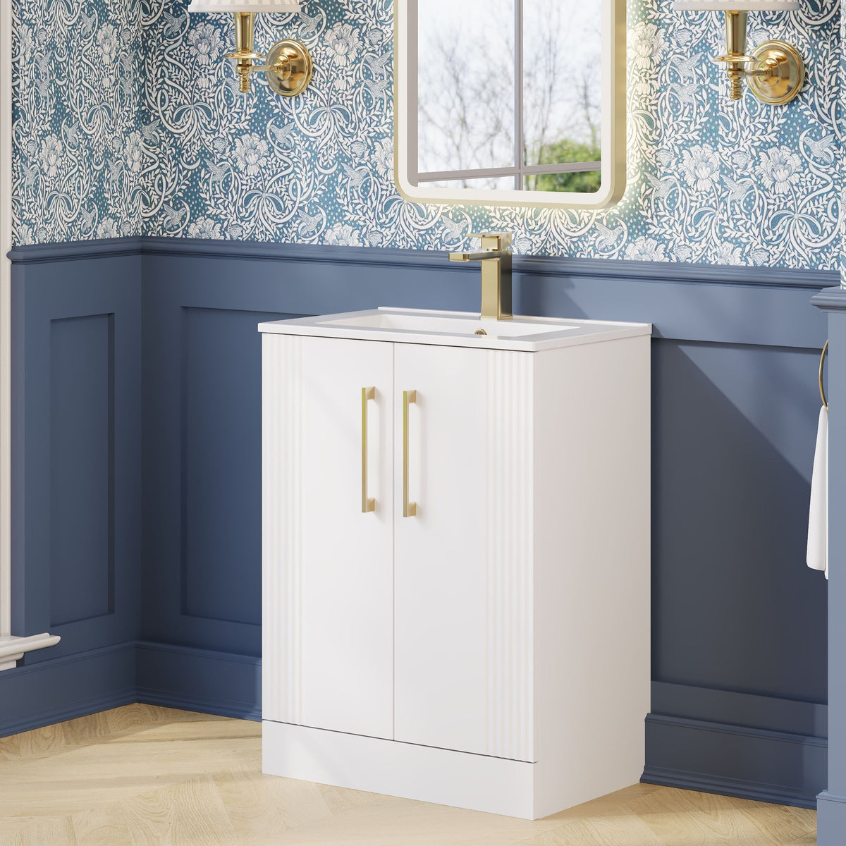 Modern Splash 600mm Satin White 2 Door Floor Standing Vanity Unit With Minimalist Basin