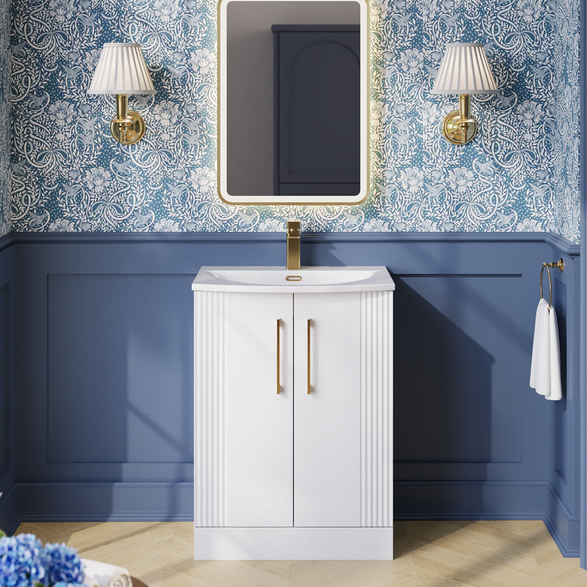 Modern Splash 600mm Satin White 2 Door Floor Standing Vanity Unit With Curved Basin