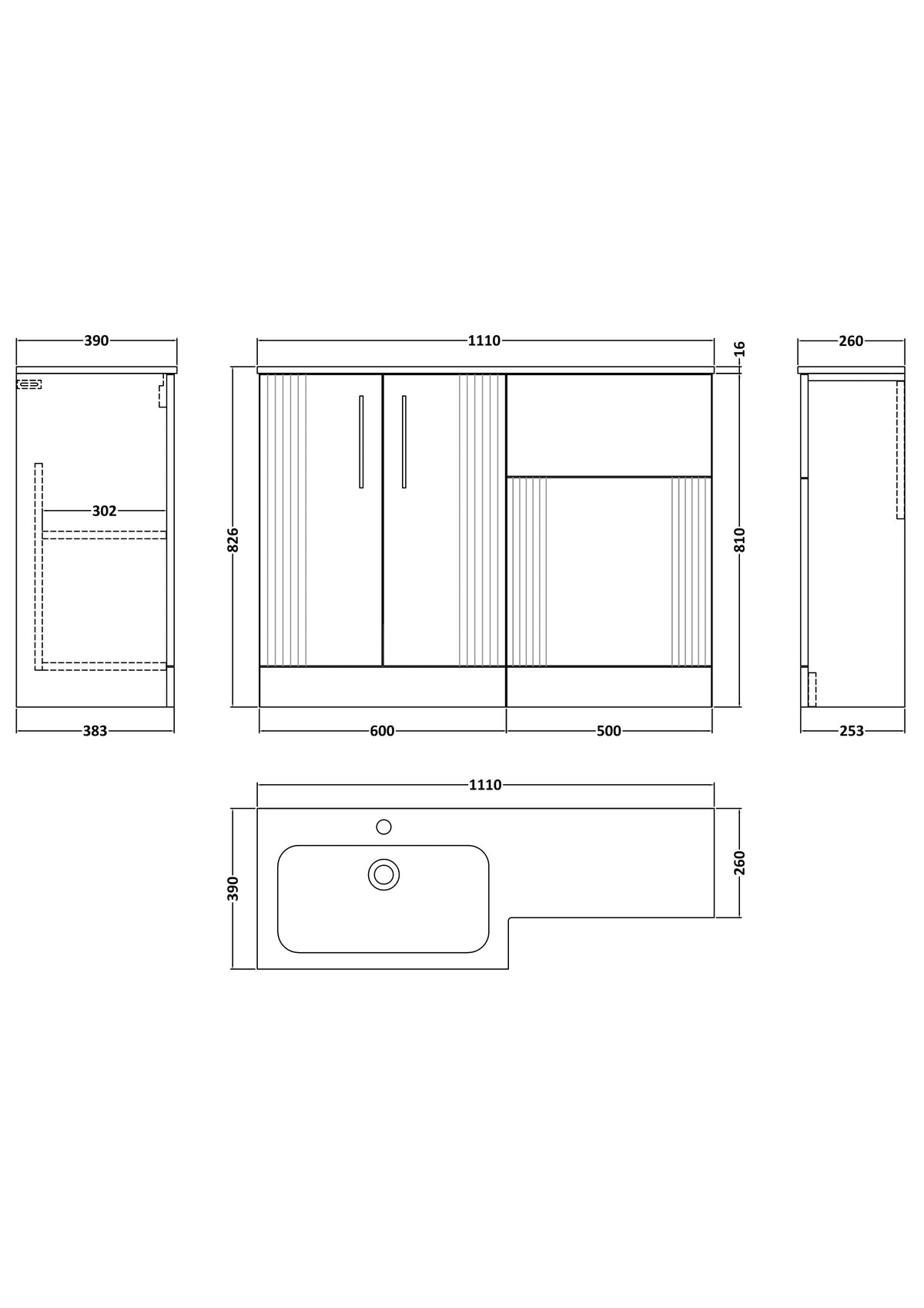 Modern Splash 1100mm Left-Hand 2 Door Soft Black Floor Standing Combination Unit With Stone Basin