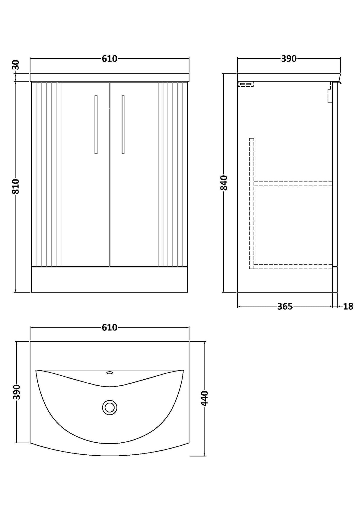 Modern Splash 600mm Soft Black 2 Door Floor Standing Vanity Unit With Curved Basin