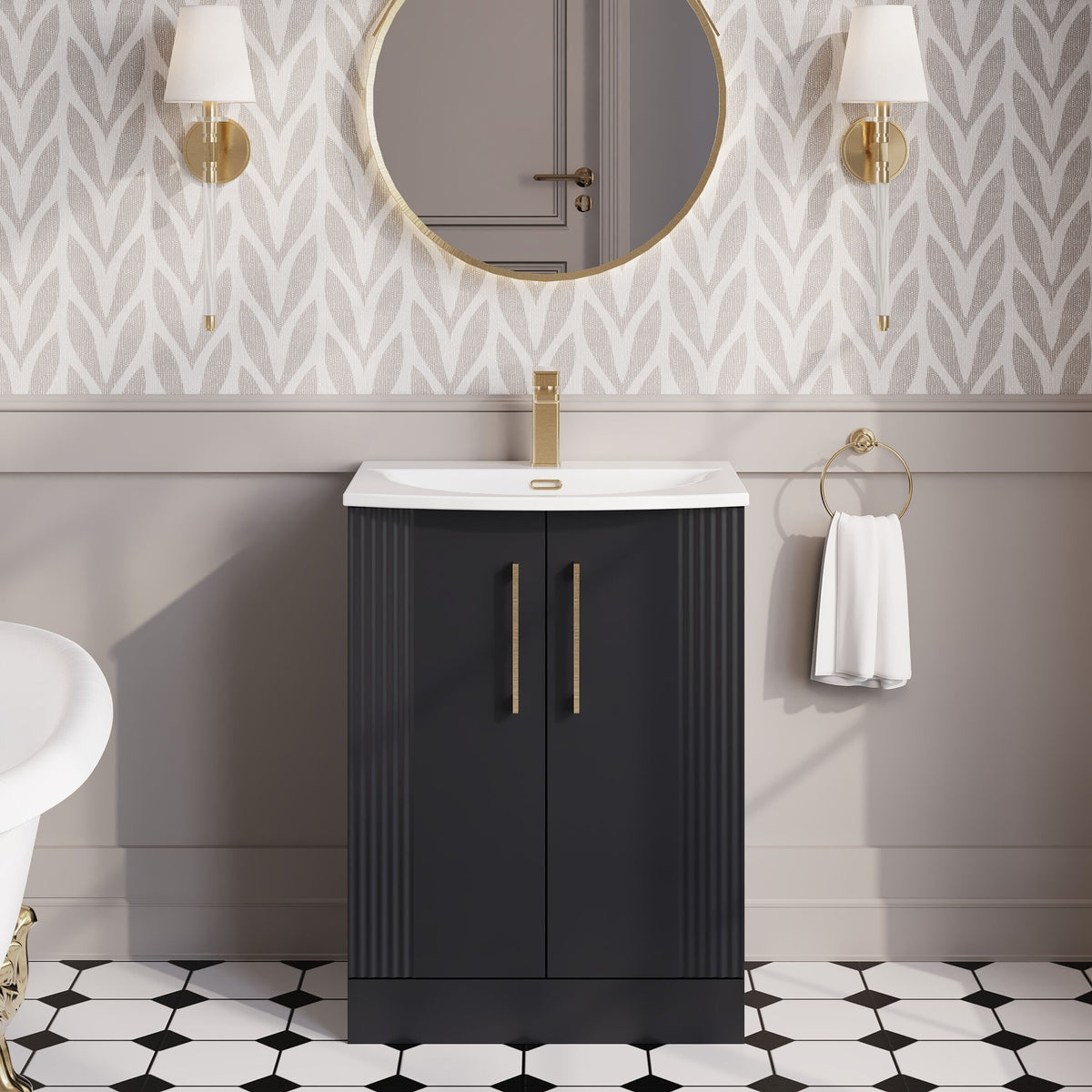 Modern Splash 600mm Soft Black 2 Door Floor Standing Vanity Unit With Curved Basin