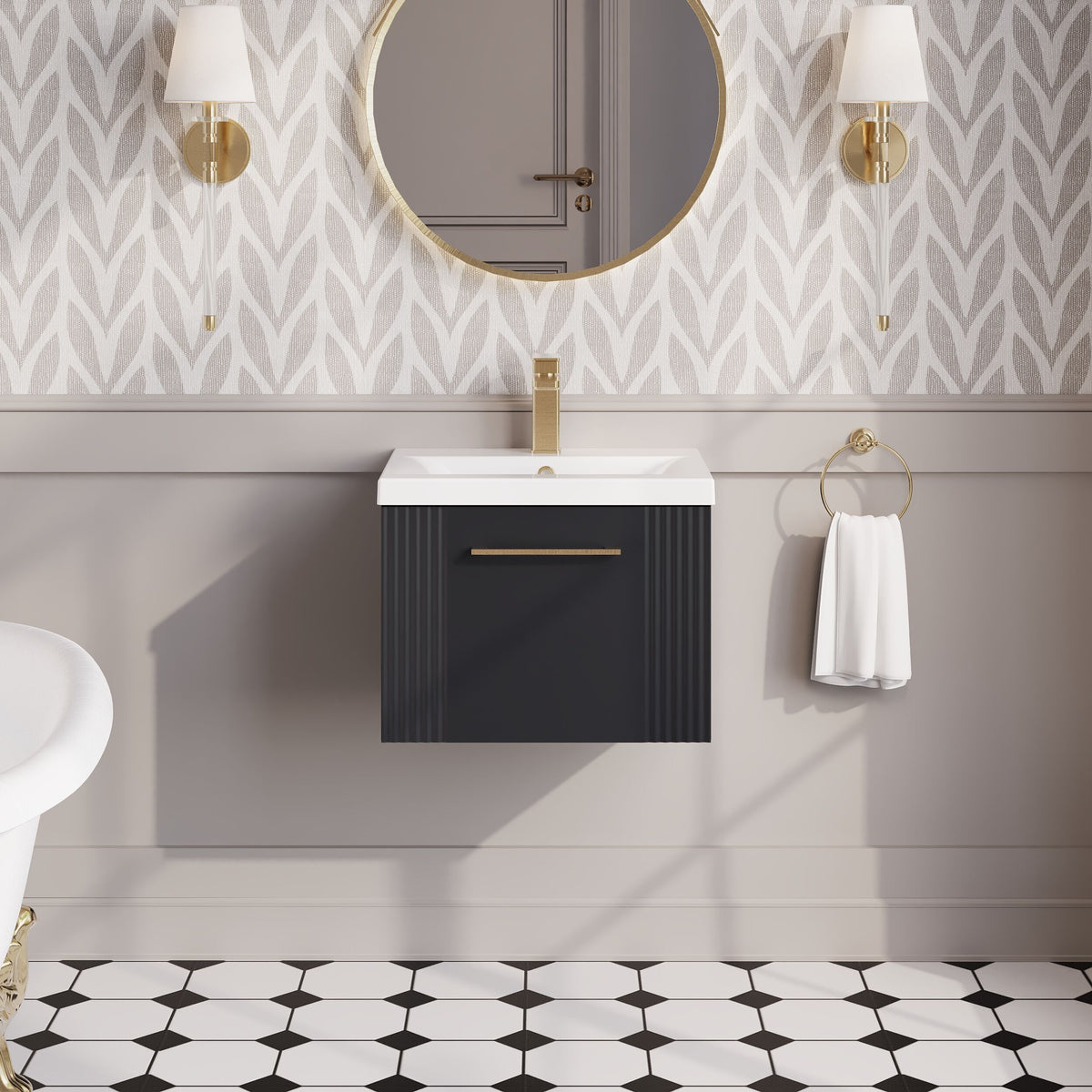 Modern Splash 500mm Soft Black 1 Drawer Wall Hung Vanity Unit With Mid-Edge Basin