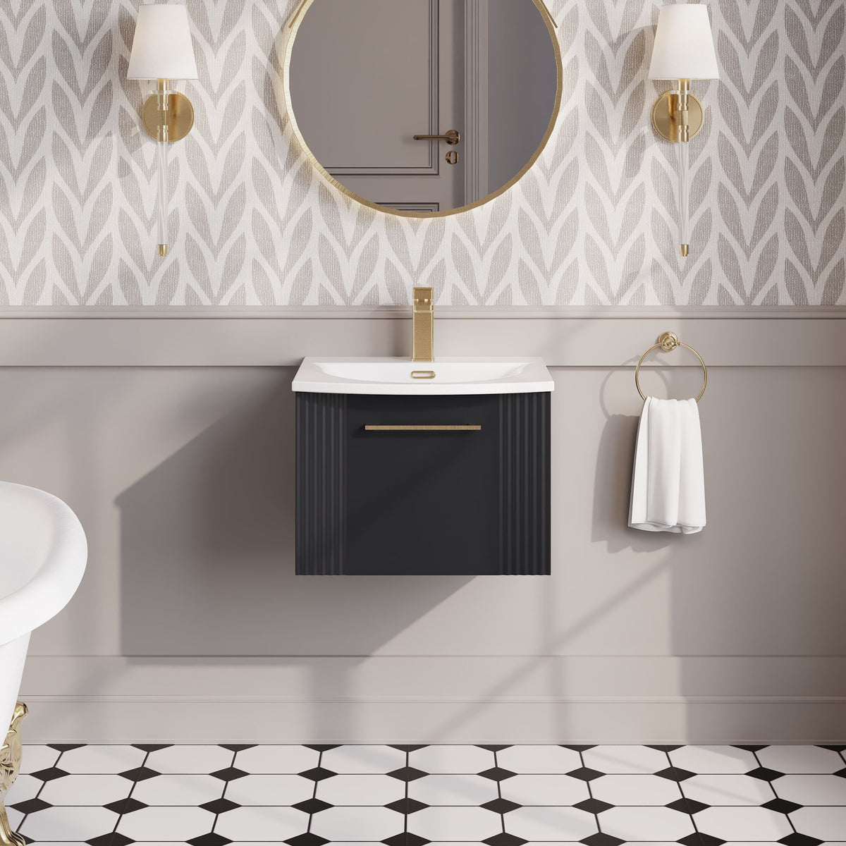 Modern Splash 500mm Soft Black 1 Drawer Wall Hung Vanity Unit With Curved Basin