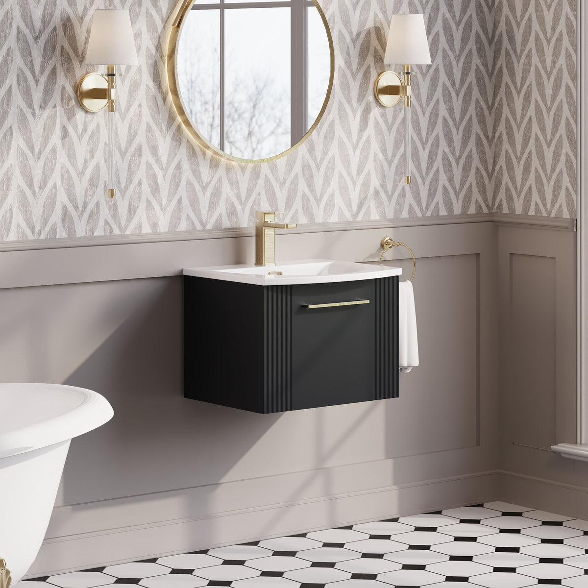 Modern Splash 500mm Soft Black 1 Drawer Wall Hung Vanity Unit With Curved Basin