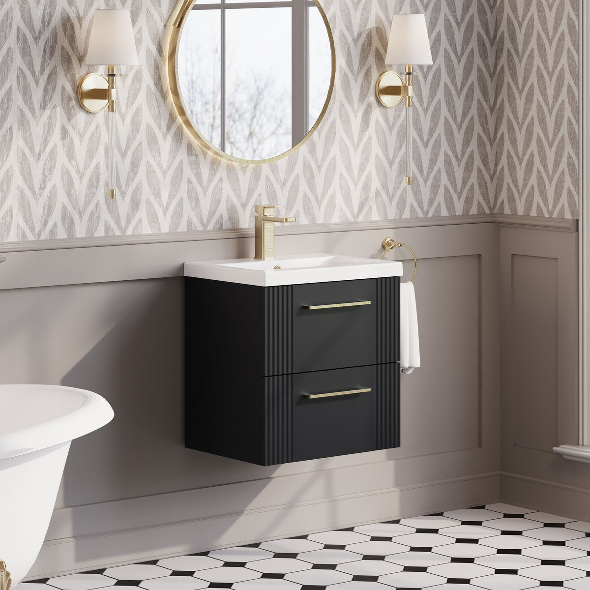 Modern Splash 500mm Soft Black 2 Drawer Wall Hung Vanity Unit With Mid-Edge Basin