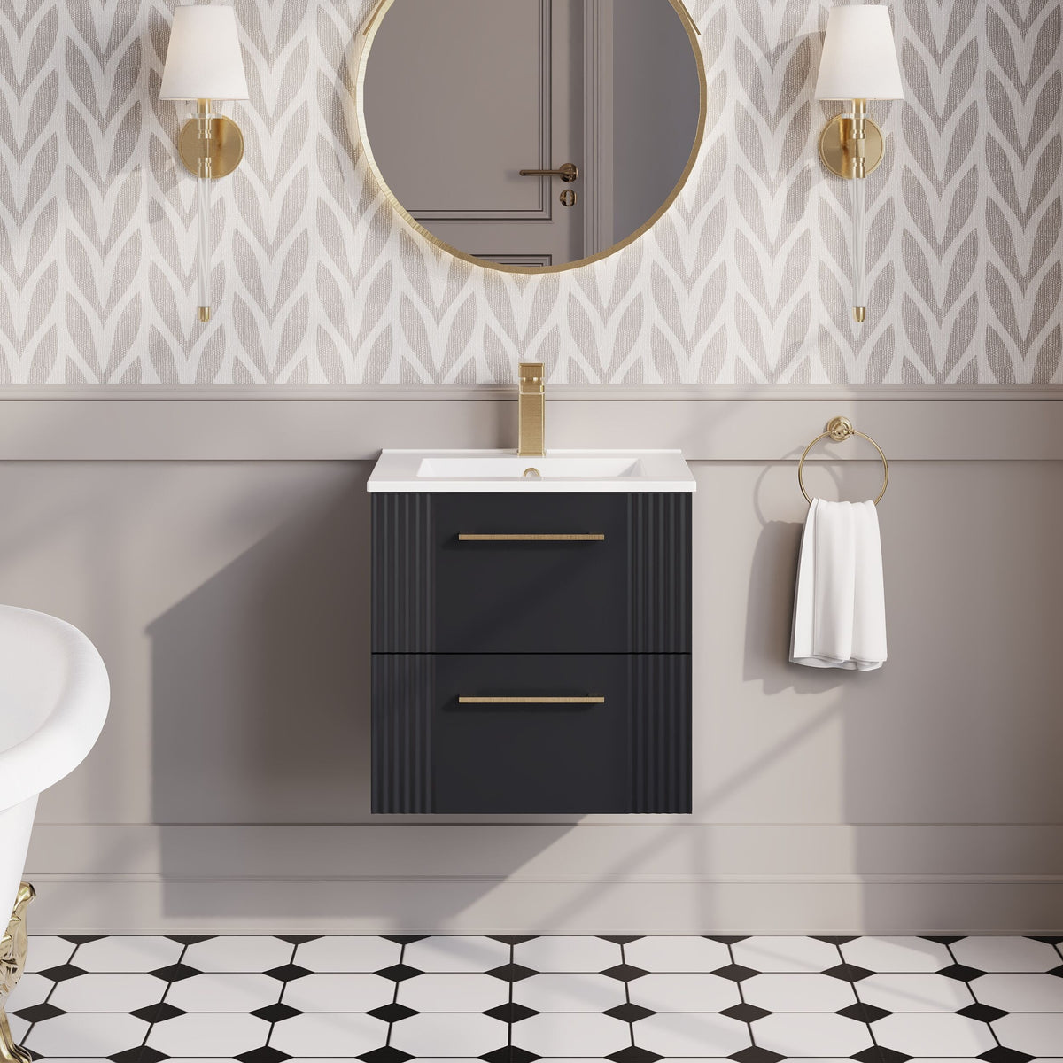 Modern Splash 500mm Soft Black 2 Drawer Wall Hung Vanity Unit With Minimalist Basin
