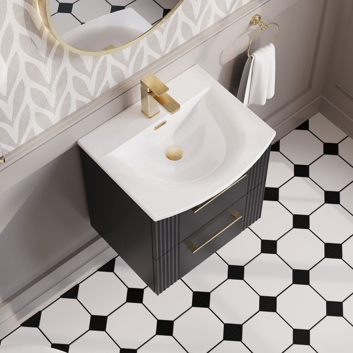 Modern Splash 500mm Soft Black 2 Drawer Wall Hung Vanity Unit With Curved Basin