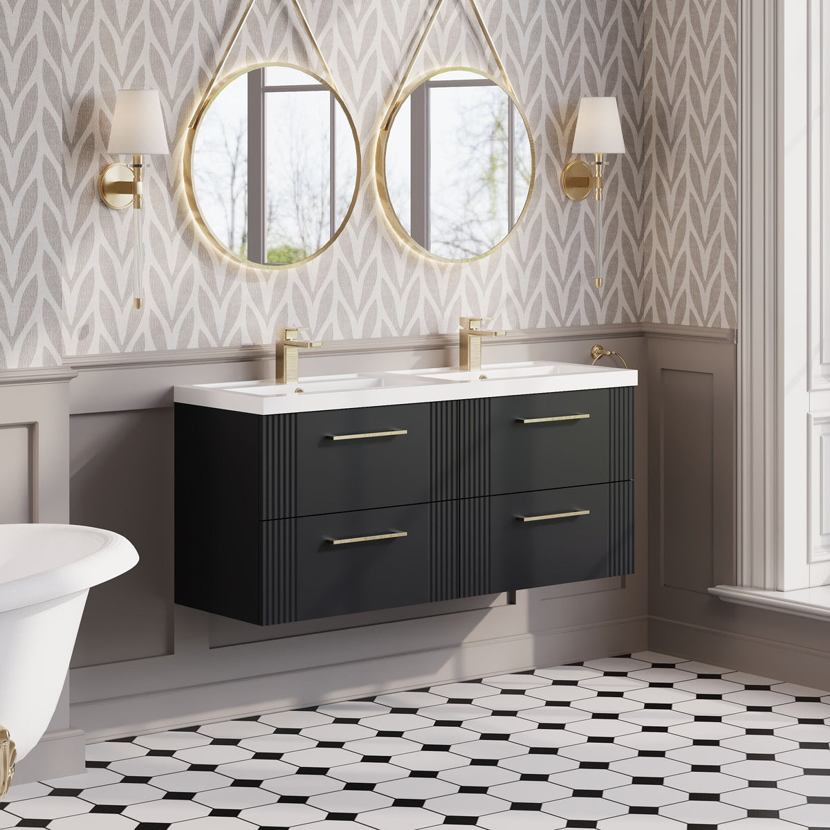 Modern Splash 1200mm Soft Black 4 Drawer Wall Hung Vanity Unit With 2 Tap Hole Polymarble basin