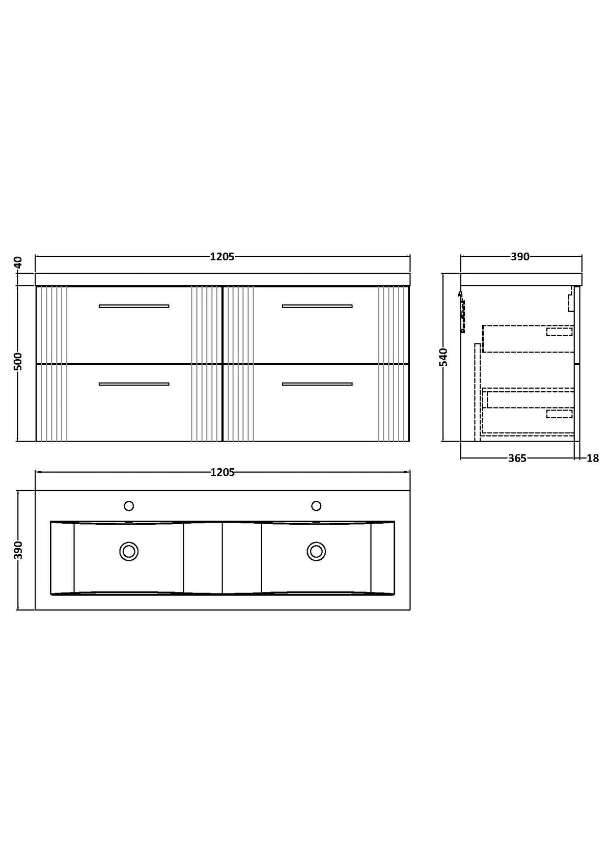 Modern Splash 1200mm Soft Black 4 Drawer Wall Hung Vanity Unit With 2 Tap Hole Ceramic Basin