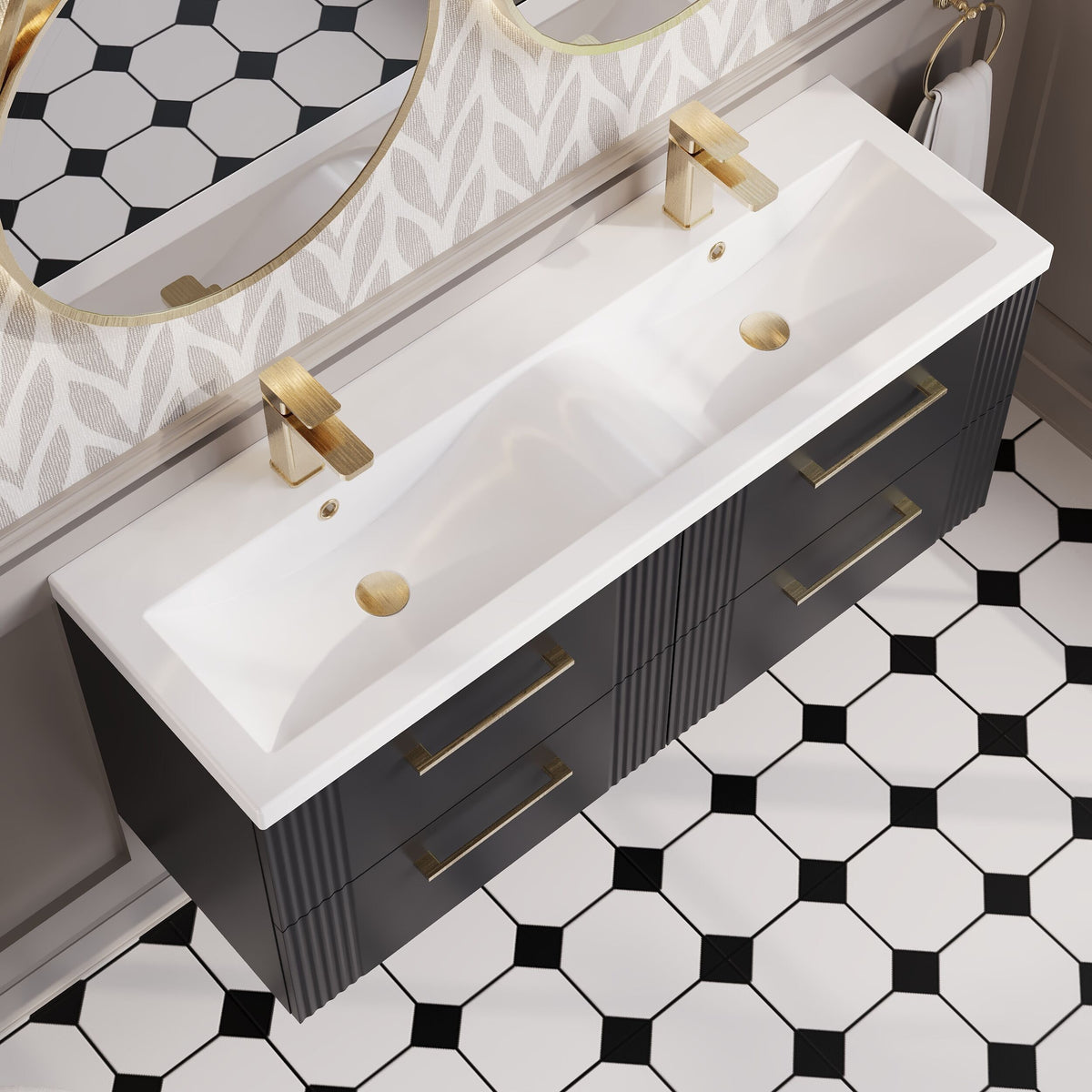 Modern Splash 1200mm Soft Black 4 Drawer Wall Hung Vanity Unit With 2 Tap Hole Ceramic Basin