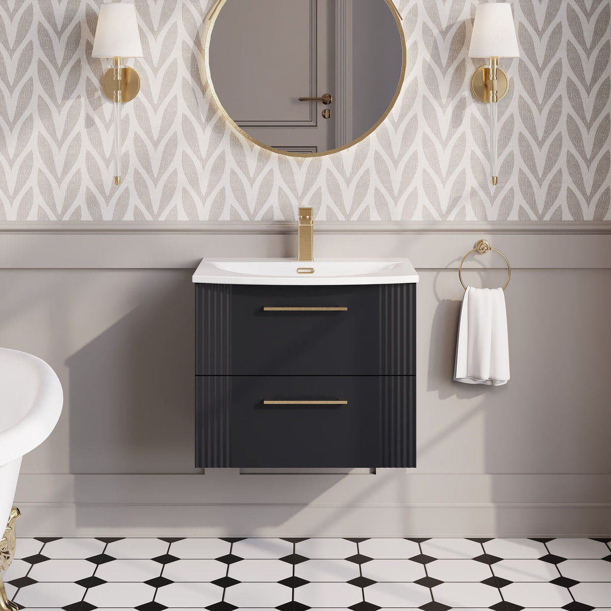 Modern Splash 600mm Soft Black 2 Drawer Wall Hung Vanity Unit With Curved Basin