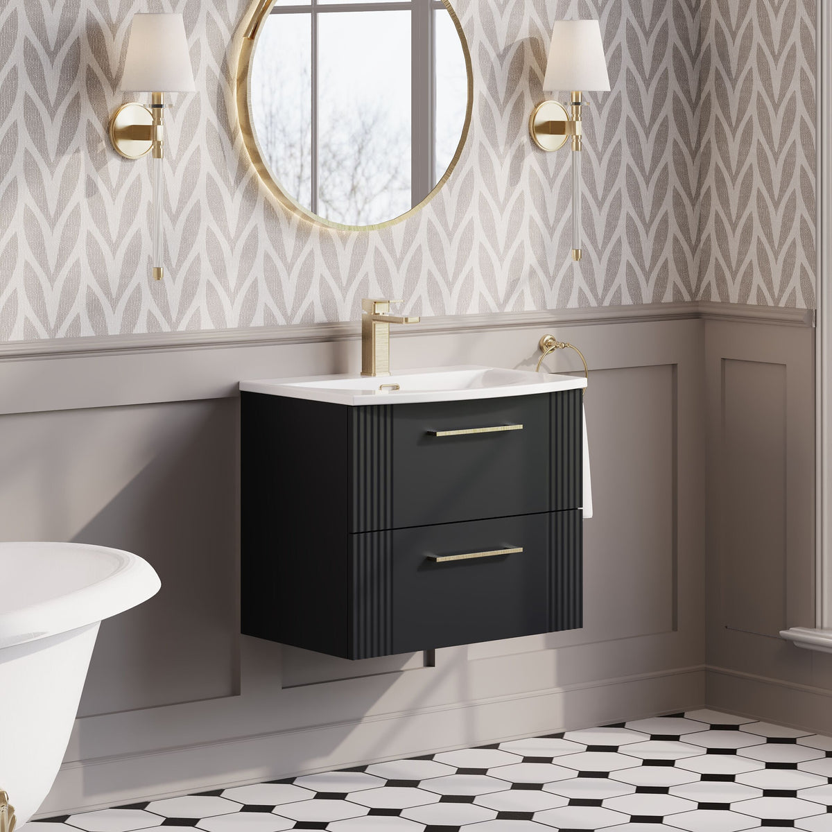 Modern Splash 600mm Soft Black 2 Drawer Wall Hung Vanity Unit With Curved Basin