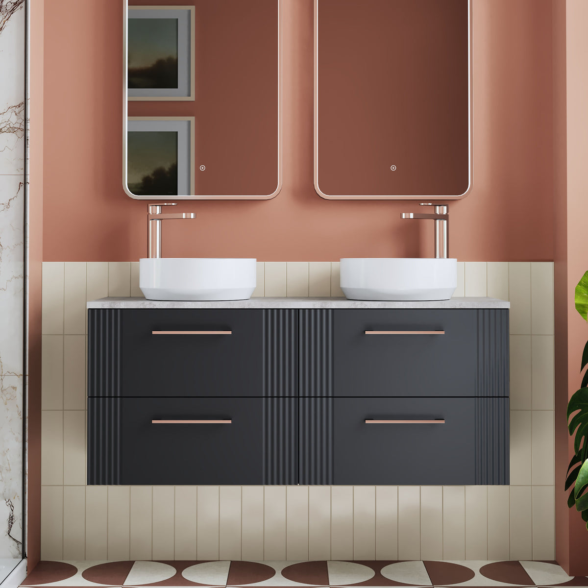 Modern Splash 1200mm Soft Black 4 Drawer Wall Hung Vanity Unit With Bellato Grey Worktop