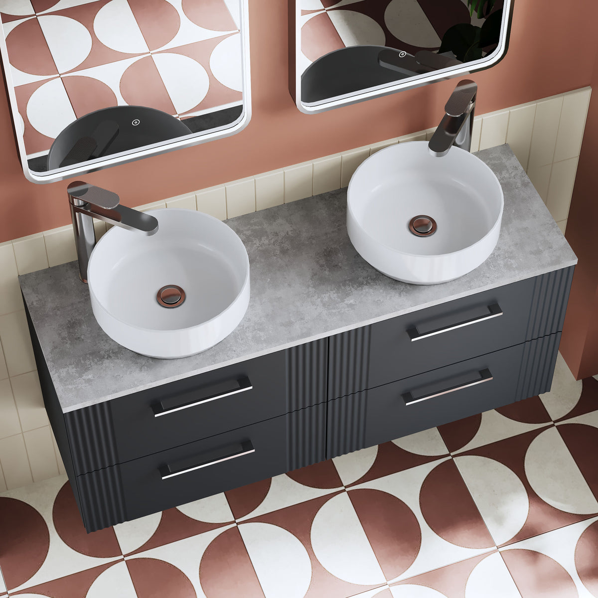 Modern Splash 1200mm Soft Black 4 Drawer Wall Hung Vanity Unit With Bellato Grey Worktop