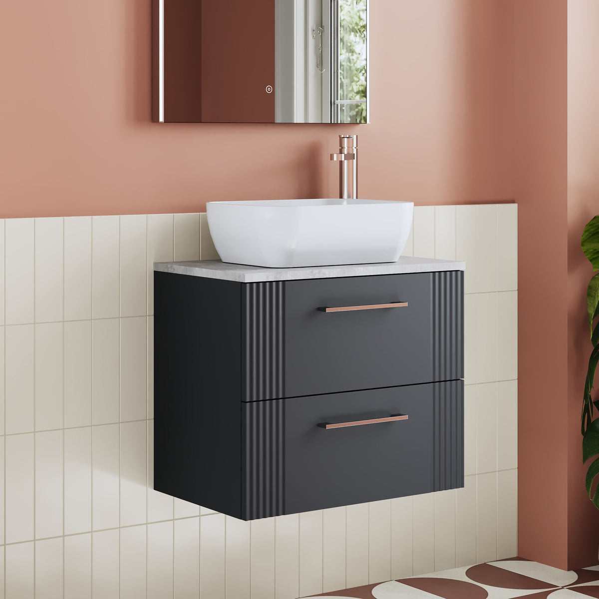 Modern Splash 600mm Soft Black Part Fluted 2 Drawer Wall Hung Vanity With Bellato Grey Worktop