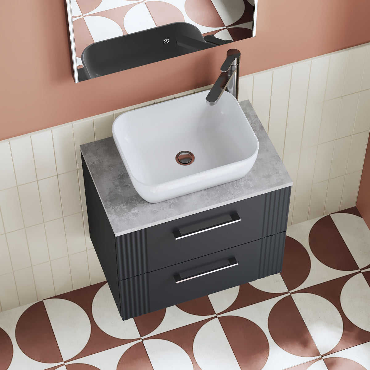 Modern Splash 600mm Soft Black Part Fluted 2 Drawer Wall Hung Vanity With Bellato Grey Worktop